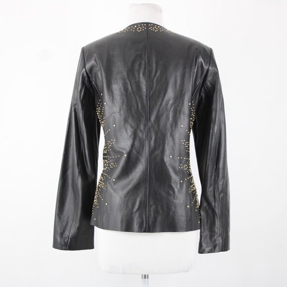 Dana Buchman Sz 12 Black Gold Stud Zipper 100% Leather Acetate Lined Jacket - Picture 6 of 16